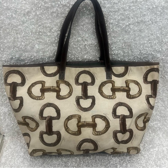 GUCCI Canvas Bamboo Horsebit Print Tote White - Picture 1 of 16
